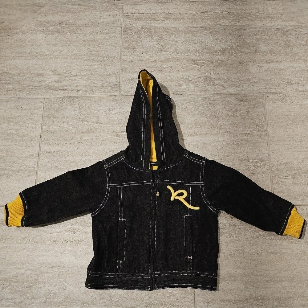 Rocawear Black and Yellow Hooded Denim Toddler Jacket Sz 12 Months